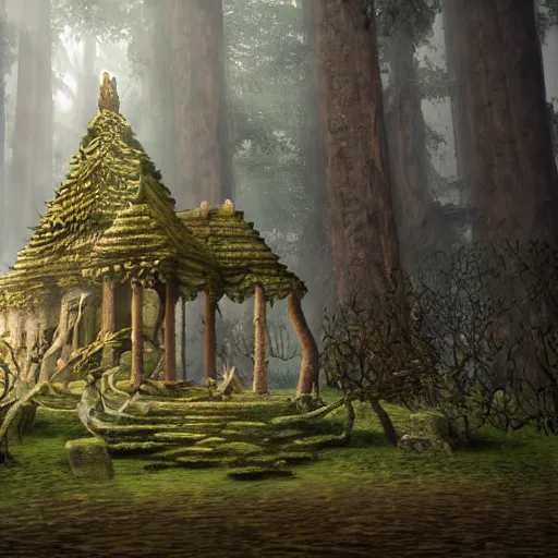 Prompt: a forgotten forest temple