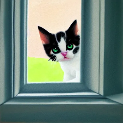 Image similar to cute calico kitten looking out of the window on a [ [ [ [ [ beautiful ] ] ] ] ] ] summer day, featured on artstationg, gorgeous!!!