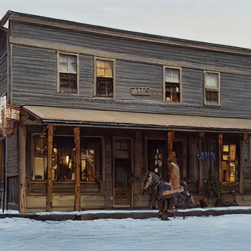 Image similar to from a movie scene, painting of a western saloon exterior in old town, gregory crewdson