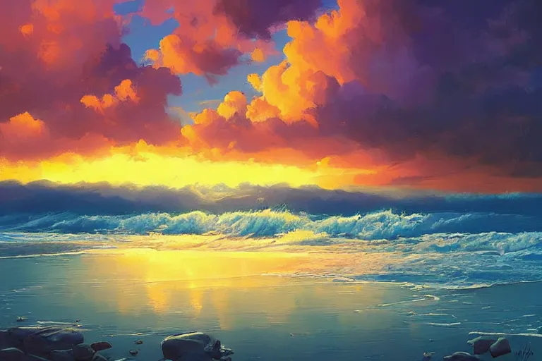 Image similar to a beautiful nature landscape with clouds, ocean waves, sunset, by rhads