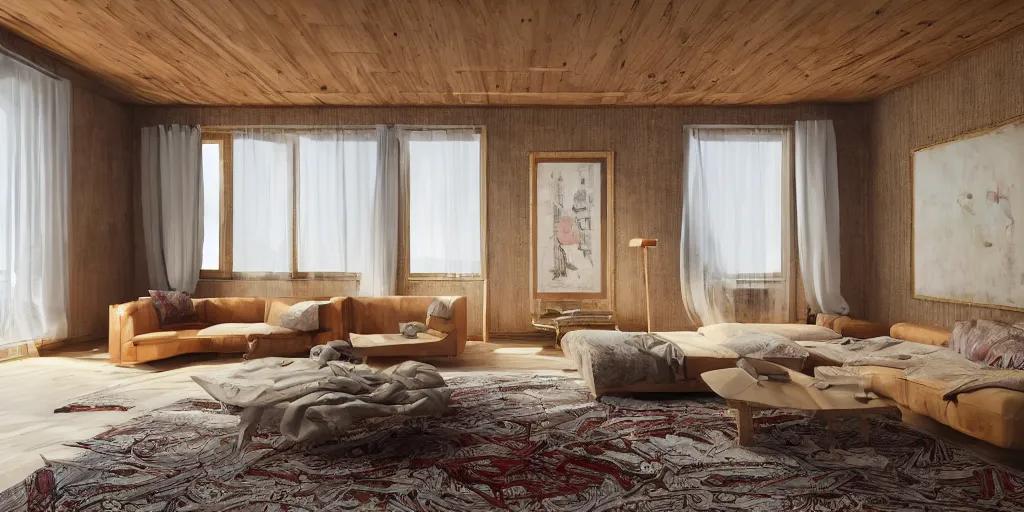 Prompt: a relaxing room with a wooden table and a big sofa and paintings on the wall, high quality, 8 k, architecture, symmetrical, harmonious, complementary colors, calm, high coherence, natural lighting, path traced, highly detailed, hyperrealistic, concept art, octane render, unreal engine 5, trending on artstation, beautiful, elegant