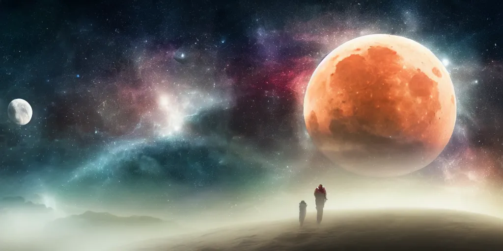 Image similar to moon setting, space, galaxy, milkyway, nebula, Mars, planets, neon, cinematic, realistic, glow, beautiful,