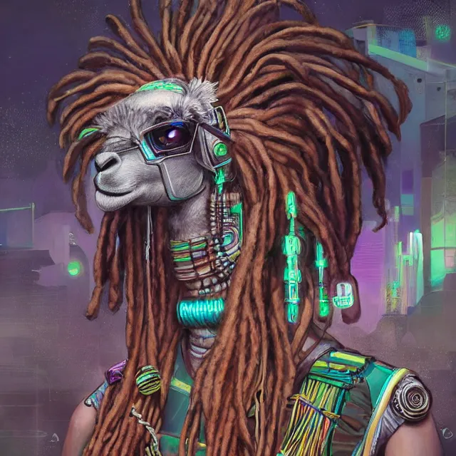 Prompt: llama with dreadlocks, cyberpunk, by mandy jurgens, ernst haeckel, james jean