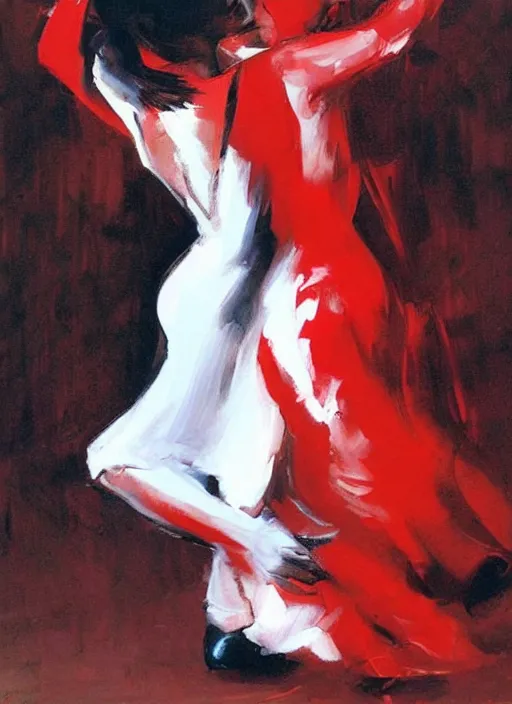 Prompt: emotional tango dancer girl in white and red dress, painting by phil hale, fransico goya,'action lines '!!!, graphic style, visible brushstrokes, motion blur, blurry, visible paint texture, crisp hd image