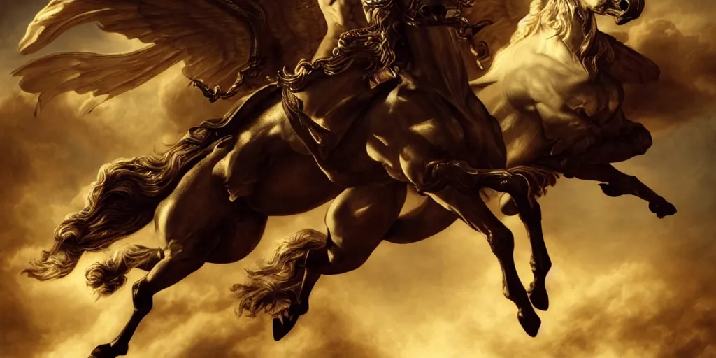 Image similar to Bellerophon riding Pegasus and slaying the Chimera, by Rolf Armstrong and Evelyn De Morgan and Bastien Lecouffe-Deharme, dramatic lighting, high contrast colors, baroque, empyrean, panoramic view, as trending on Artstation, highly detailed, doom engine,