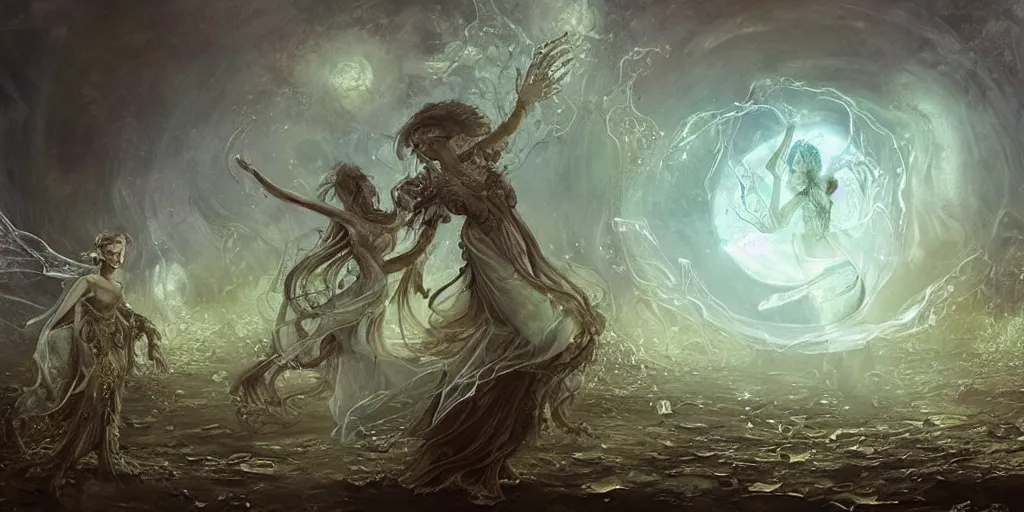 Image similar to concept art of translucent glowing fairies dancing, lovecraftian, renaissance, melting, round moon, rich clouds, fighting the horrors of the unknown, very detailed, volumetric light, mist, fine art, decaying, textured oil over canvas, epic fantasy art, very colorful, ornate intricate scales