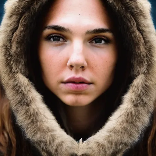 Image similar to a masterpiece portrait photo of a beautiful young woman who looks like an eskimo gal gadot, symmetrical face, random background scene