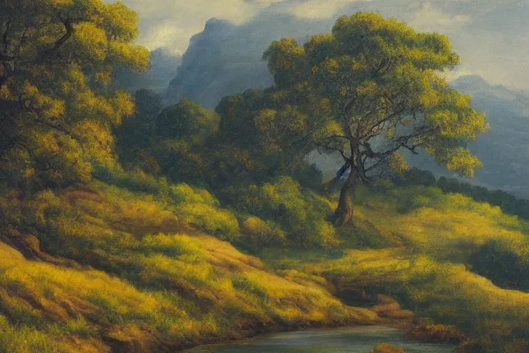 Image similar to masterpiece painting of oak trees on a hillside overlooking a creek, dramatic lighting, by lemoine fitzgerald