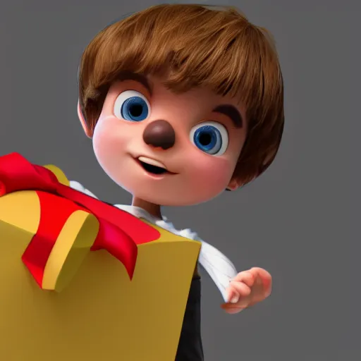 Prompt: a 3 d rendering of a cute boy with a giftbox with bow and ribbon, pixar studios, 8 k