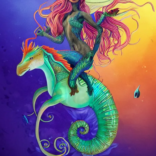 Image similar to merfolk riding seahorses, trending on artstation, colorful, intricate, art by aurore folny and ekaterina burmak