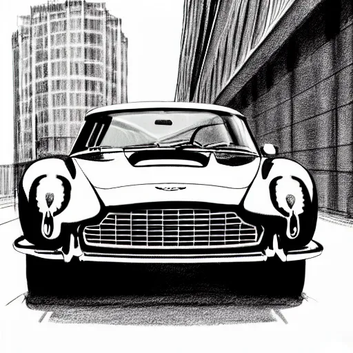 Prompt: copic marker pen drawing of an aston martin db 5 concept car, in a rich london business district street, medium range, sharp, very detailed, high resolution, trending on artstation