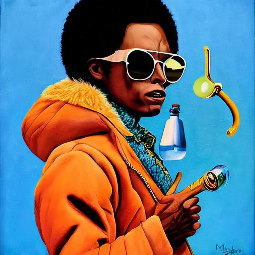 Image similar to beautiful fantasy character portrait, miles davis, bitches brew, wearing orange puffy bomber jacket with teal fur, by malti klarwein