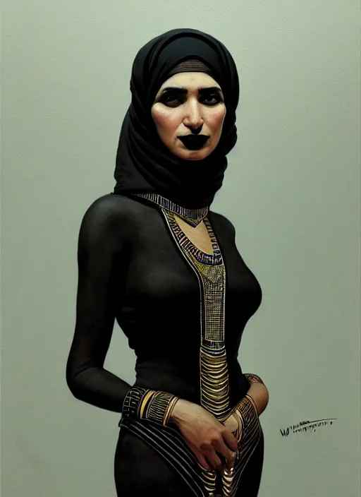 Prompt: portrait of an egyptian woman with a crooked nose and a confident expression, 1 9 6 0 s, black clothes, goth, punk, funk, intricate, elegant, highly detailed, digital painting, artstation, concept art, smooth, sharp focus, illustration, art by wlop, mars ravelo and greg rutkowski