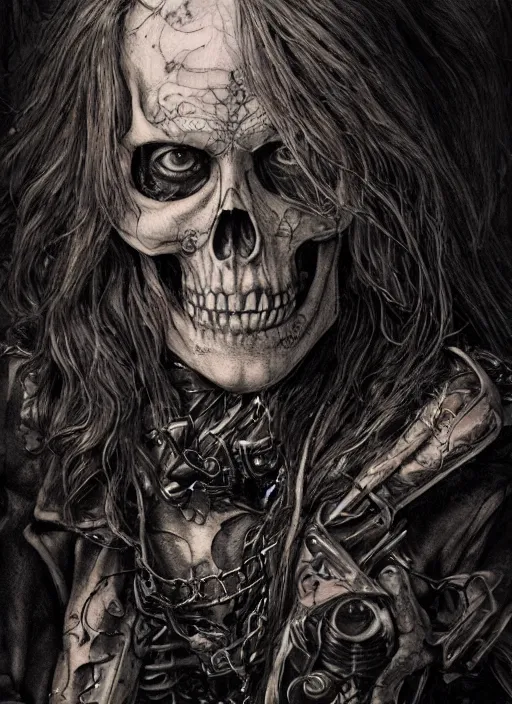 Image similar to portrait, Long haired biker skeleton in a wheelchair, has tattoos, watercolor, dramatic lighting, cinematic, establishing shot, extremely high detail, foto realistic, cinematic lighting, pen and ink, intricate line drawings, by Yoshitaka Amano, Ruan Jia, Kentaro Miura, Artgerm, post processed, concept art, artstation, matte painting, style by eddie mendoza, raphael lacoste, alex ross