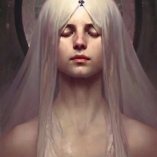 Image similar to portrait of a beautiful ethereal delicate roman catholic bishopress meditative sacral pose catholic stages of the cross, white hair, intricate, elegant, highly detailed, digital painting, artstation, concept art, smooth, sharp focus, illustration, art by krenz cushart and artem demura and alphonse mucha