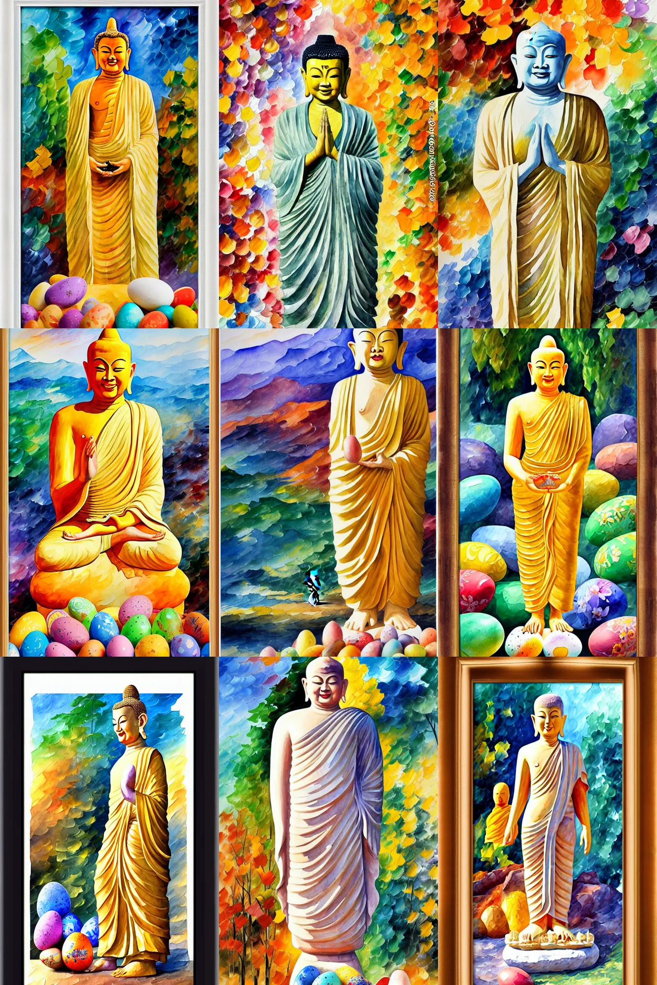 Prompt: watercolour painting of a standing smiling thai budha stone statue, long tunic, barefoot, holding in the hands beautifully painted easter eggs, by wes anderson by leonid afremov by ivan bilibin, muted colors, framed subject