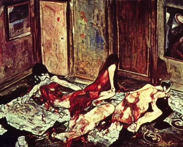 Image similar to overhead image of a dead couple in style of Francis Bacon and Egon Schiele and Willem de kooning, interior room with a pool of blood and stray dog barking, messy living room with beer cans on the floor. Art by Henry Clarke, Still from 1982 movie The Thing. Beksiński Masterpiece