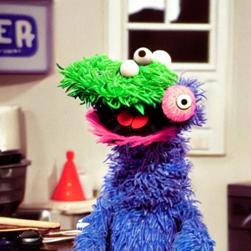 Image similar to Cookie Monster Muppet on Sesame Street smoking weed, happy