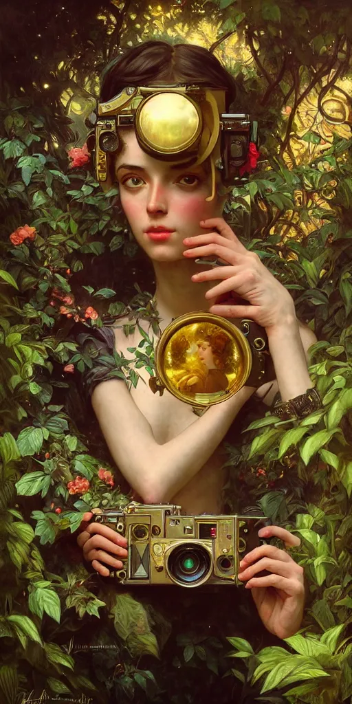 Image similar to hyper realistic photographer looking through a vintage medium format camera, design on white background, beautiful details, lush foliage cyberpunk, gold, drawn by john singer sargent, tom bagshaw, norman rockwell, alphonso mucha, lolish, trending on artstation