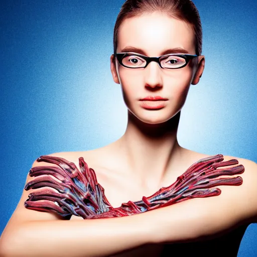 Image similar to striking digital photo of a beautiful four arms female model with an extra pair of arms and four hands. beautiful half - length portrait, cool background, photorealistic, surreal anatomy