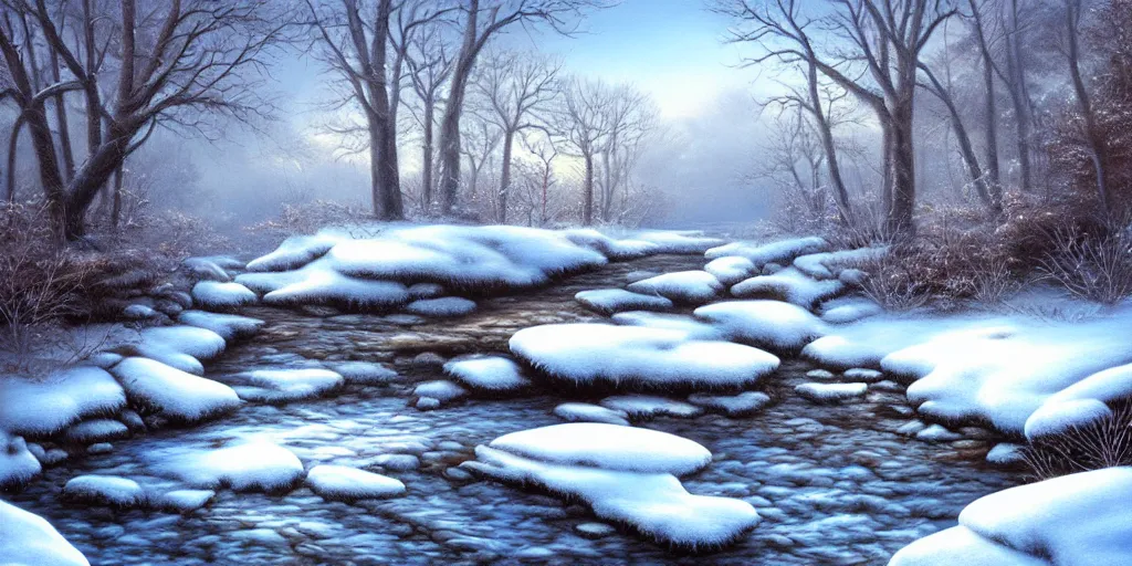 Prompt: a painting of a winter scene with a stream, an airbrush painting by terry redlin, deviantart, fantasy art, oil on canvas, airbrush art, matte painting