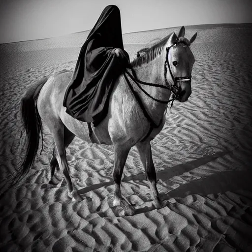 Image similar to beautiful burqa's woman, ride horse in saharan, sharp eyes, handling riffle on chest, shooting pose, perfect posture, dust, cinematic, dynamic pose, pinterest