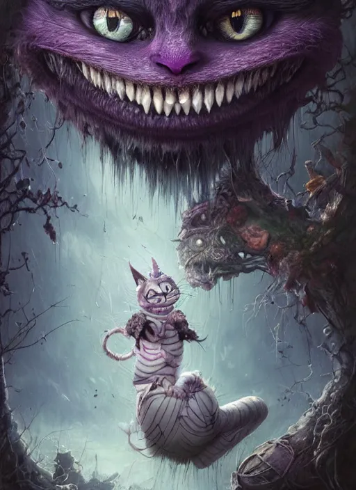 Image similar to Cheshire Cat,highly detailed,cinematic,8k,by Stanley Artgermm,Tom Bagshaw,Greg Rutkowski,Carne Griffiths, Ayami Kojima, Beksinski, Giger,Anne Stokes, Benjamin Lacombe,trending on DeviantArt,hyper detailed,horror, full of colour