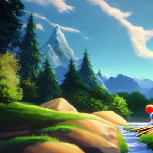 Prompt: a closeup photorealistic photograph of bob ross working on a canvas painting sonic the hedgehog. film still. brightly lit scene. mountains and trees. this 4 k hd image is trending on artstation, featured on behance, well - rendered, extra crisp, features intricate detail, epic composition and the style of unreal engine.