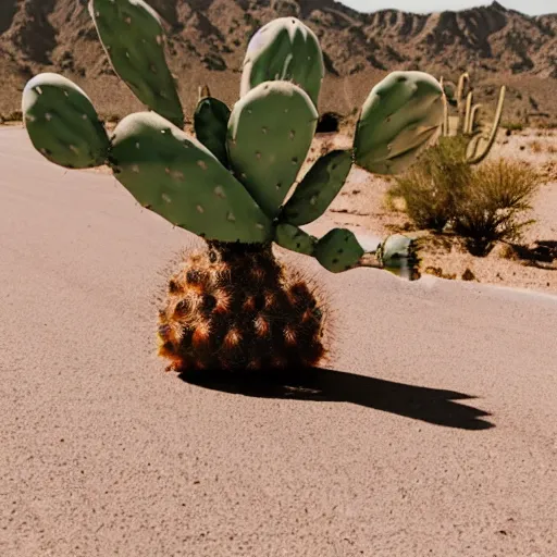 Prompt: cactus with sunglasses is holding a glass of wine on the road in the desert