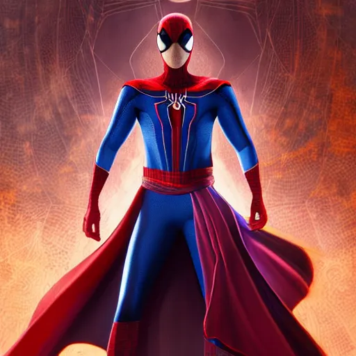 Image similar to spiderman as doctor strange, using his mystic arts, dynamic lighting, photorealistic fantasy concept art, trending on art station, stunning visuals, creative, cinematic, ultra detailed