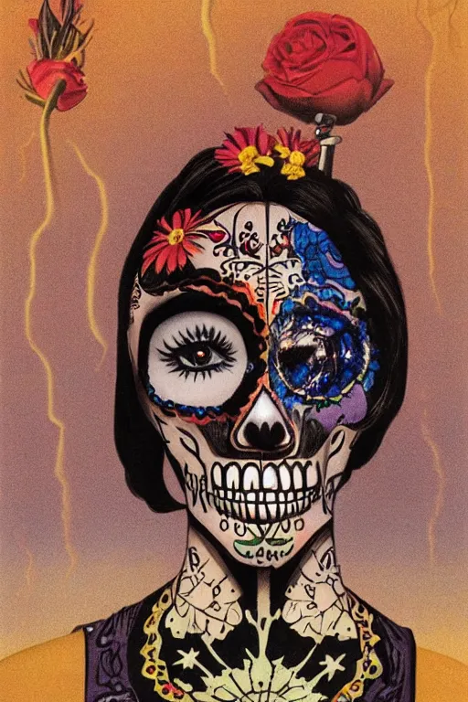 Image similar to Illustration of a sugar skull day of the dead girl, art by chesley bonestell