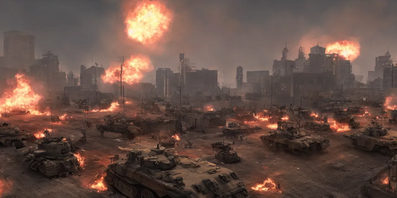 Prompt: tanks burning city, army, crowds of people, banners, volumetric lighting, unreal engine, realistic