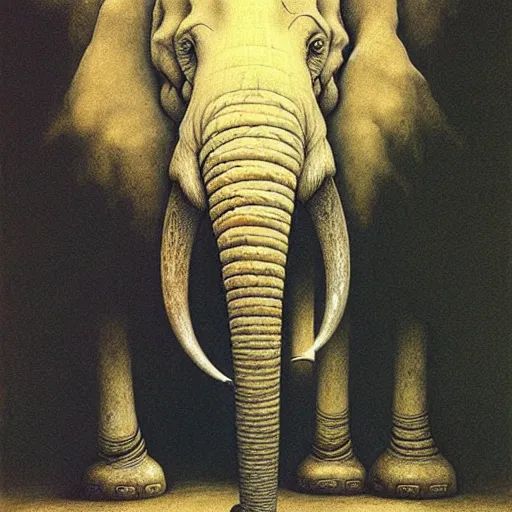Image similar to a line of giant elephant painting by beksinski, barlowe colors. masterpiece painting