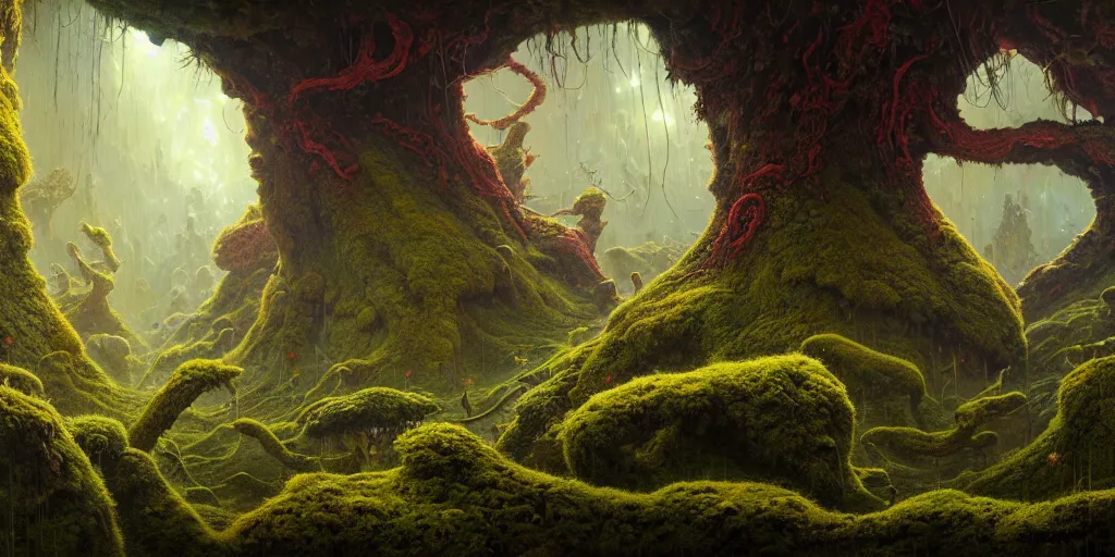 Image similar to a mossy alien planet land scape by karol bak, james jean, tom bagshaw, rococo, sharp focus, trending on artstation, cinematic lighting, hyper realism, octane render, 8 k, hyper detailed, vivid, ultra detailed, highly detailed