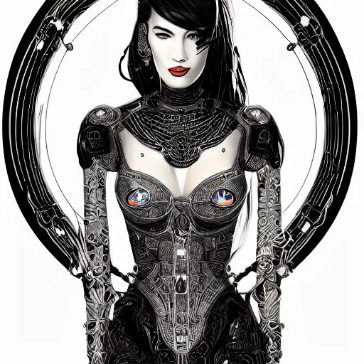 Image similar to the portrait of an elegant, sophisticated, fashionable ottomanpunk robotess idol, an ultrafine illustration of young half arab megan fox mix by kim jisu, intricate linework, neon wiring, fashion, porcelain skin, unreal engine 5 highly rendered, global illumination, radiant light, detailed and intricate environment, by rutkowski, artgerm, marvel comics