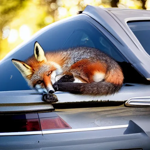 Image similar to curled up fox on a car's hood, award winning photography