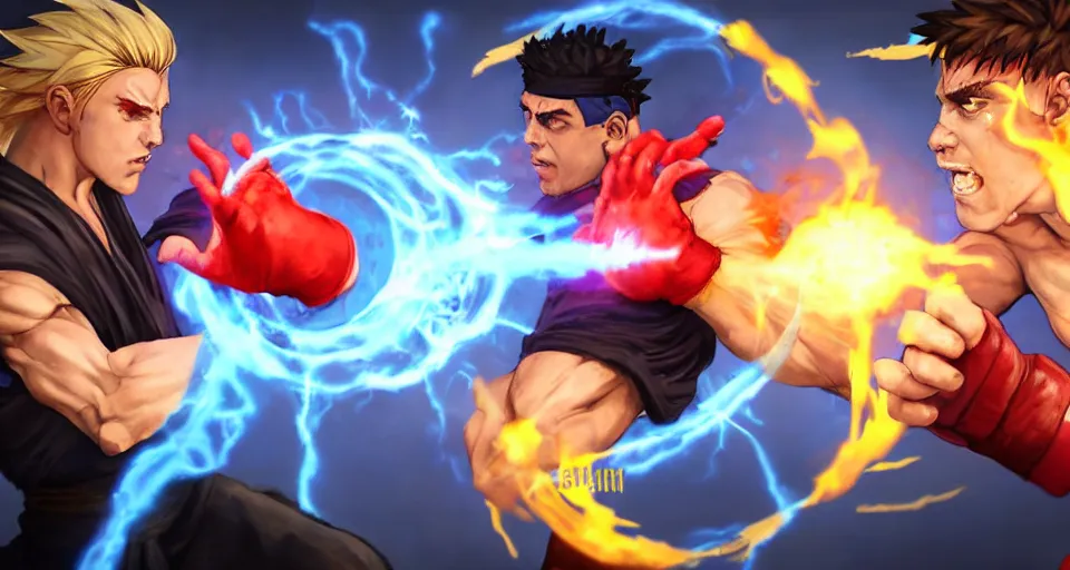 Prompt: Epic dramatic cinematic close-up character shot of a man pit against his mortal enemy in a thumb war for the fate of cosmic reality. Digital art. Street Fighter V game concept art.