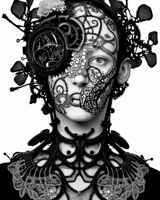 Image similar to surreal black and white photo portrait of complex bio-mechanical beautiful young female vegetal-cyborg with a Mandelbrot fractal steampunk metal fine lace face, a very long neck and a fine metal floral foliage super big lace collar by Alexander McQueen:: high fashion, haute couture, rococo, steampunk, silver filigree details, anatomical, facial muscles, cable wires, microchip, elegant, dreamy, foggy, hyper realistic, 150 mm lens, soft rim light, octane render, unreal engine, picture was taken in 1910 by Dora Maar, volumetric lighting, dramatic light,8k,