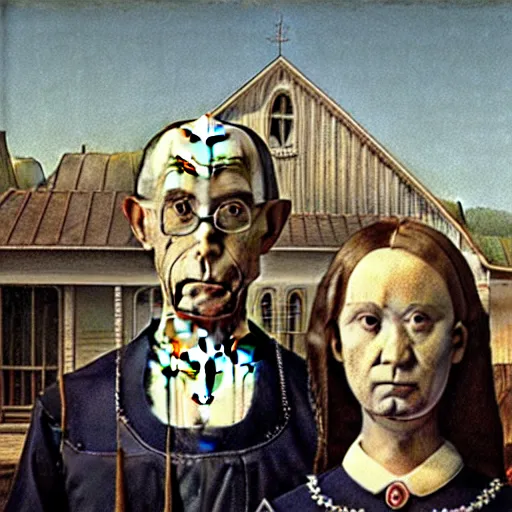 Prompt: american gothic by leonardo da vinci, oil painting, frisson, sfumato