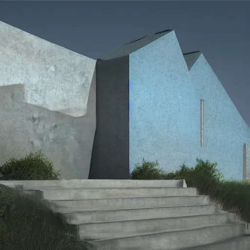 Prompt: dreamy architecture on hill render by Alexis Christodoulou. photorealism. V-Ray, blue color scheme