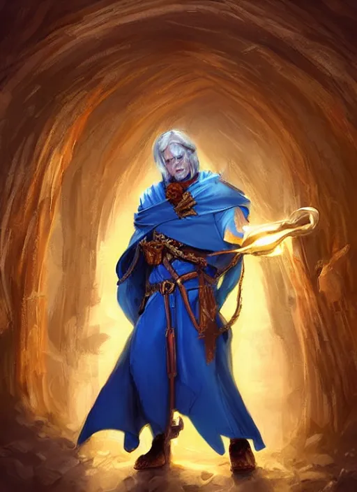 Prompt: bright blue cloak male priest, ultra detailed fantasy, dndbeyond, bright, colourful, realistic, dnd character portrait, full body, pathfinder, pinterest, art by ralph horsley, dnd, rpg, lotr game design fanart by concept art, behance hd, artstation, deviantart, hdr render in unreal engine 5