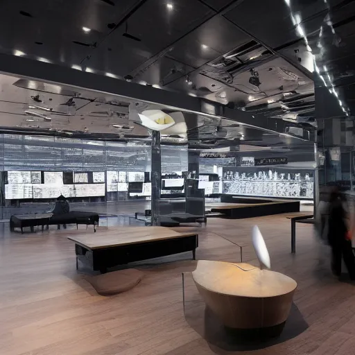 Image similar to A flagship Samsung store. black walls. timber floor. high ceilings with spots. wood furniture with large digital screen. display tables with phones and tablets, pots with plants, digital screens on the walls, Architectural photography. 14mm. High Res 8K. award winning architectural design, inspired by Arne Jacobsen, Niels Otto Møller, Verner Panton, Scandinavian Design, Retaildesignblog.net