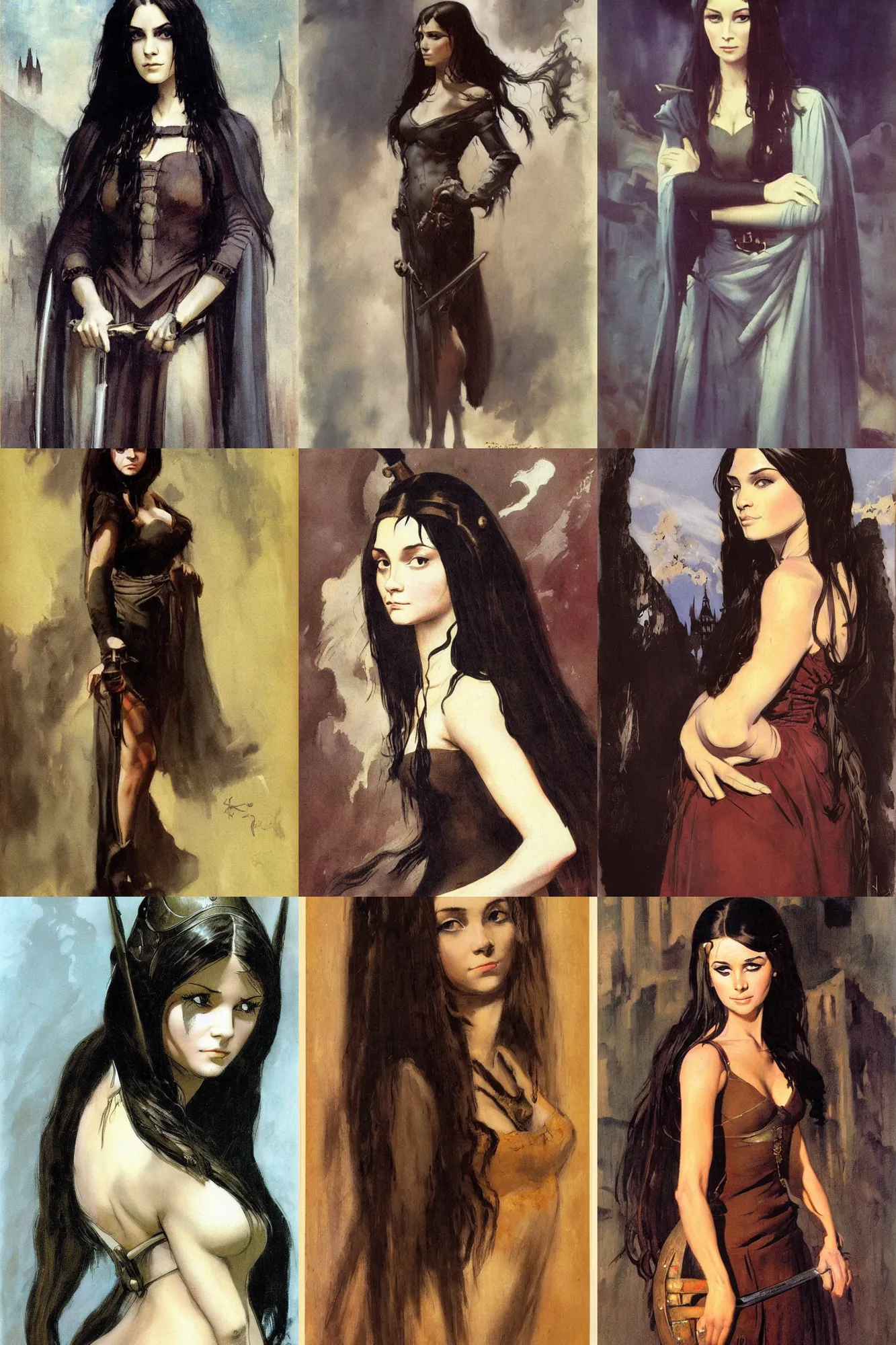 Prompt: young woman with long dark hair, serious look, medieval dress, by frank frazetta, dark fantasy, half body
