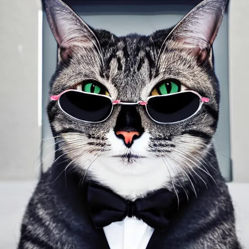 Prompt: a full portrait of cat wearing a black suit and black FBI glasses