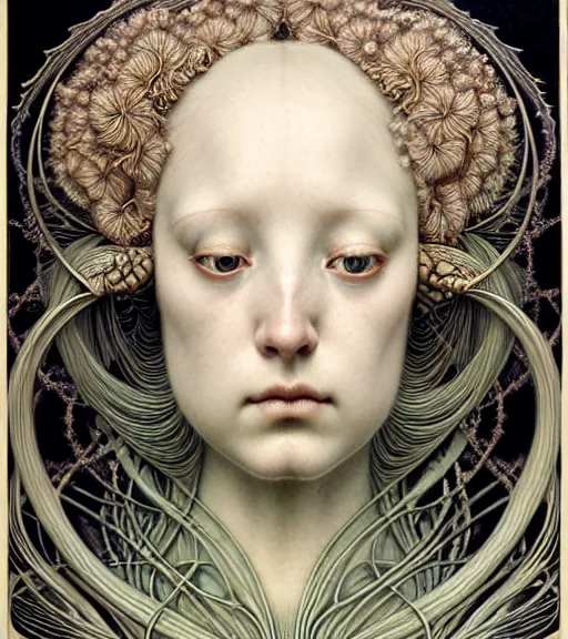 Image similar to beautiful young orchidwoman detailed realistic porcelain face portrait by jean delville, gustave dore, iris van herpen and marco mazzoni, art forms of nature by ernst haeckel, art nouveau, symbolist, visionary, gothic, neo - gothic, pre - raphaelite, fractal lace, intricate alien botanical biodiversity, surreality, hyperdetailed ultrasharp octane render