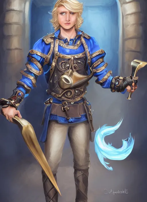 Prompt: a highly detailed illustration of long wavy bright blonde haired effeminate boy wearing blue blacksmith apron and iron mechanical arms, blue eyes, dramatic smiling pose, perfect face, symmetrical eyes, intricate, elegant, highly detailed, centered, digital painting, artstation, concept art, smooth, sharp focus, league of legends concept art, wlop