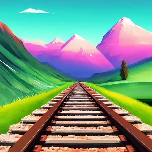 Prompt: a train track going through a tunnel with mountains in the background, an album cover by rhads, unsplash contest winner, neo - romanticism, aesthetic, windows vista, outrun
