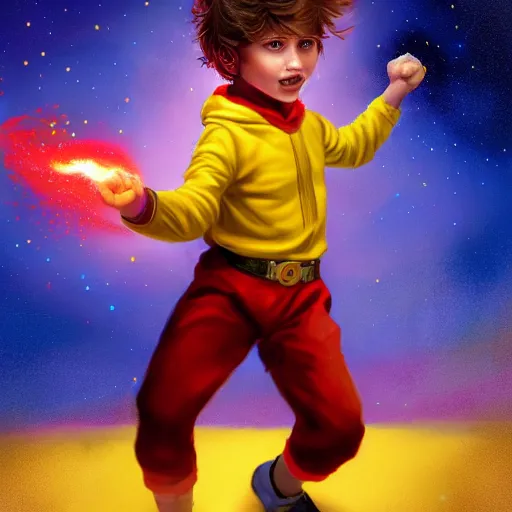 Prompt: colorful and festive captivating young child boy, brown fluffy hair, wearing red and yellow hero suit, shooting a yellow energy sphere out of his fist. full body, rich vivid colors, ambient lighting, dynamic lighting, 4 k, atmospheric lighting, painted, intricate, highly detailed by charlie bowater