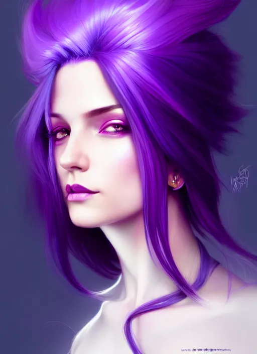 Image similar to Purple hair relistic Portrait of a woman with bright colored flying hair, all shades of purple. Hair coloring, long hair, fantasy, intricate, elegant, highly detailed, digital painting, artstation, concept art, smooth, sharp focus, illustration, art by artgerm and greg rutkowski and alphonse mucha