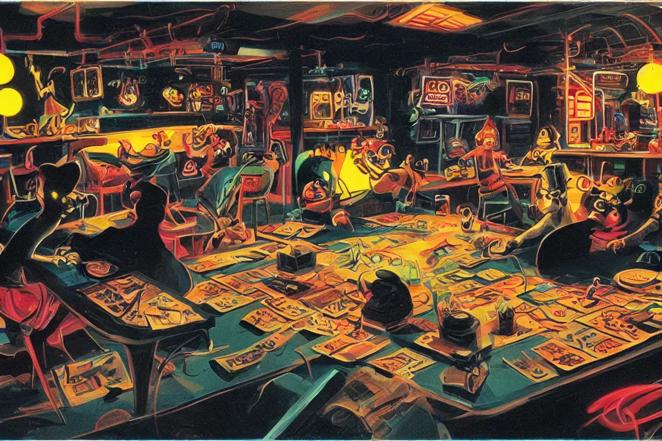 Image similar to mice rolling dice, neon basement, by john kricfalusi and syd mead